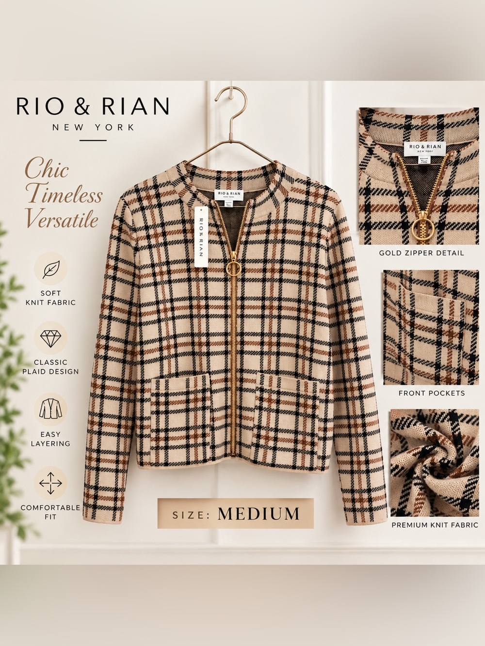 Rio & Rian Women's Beige Plaid Zip-Front Jacket